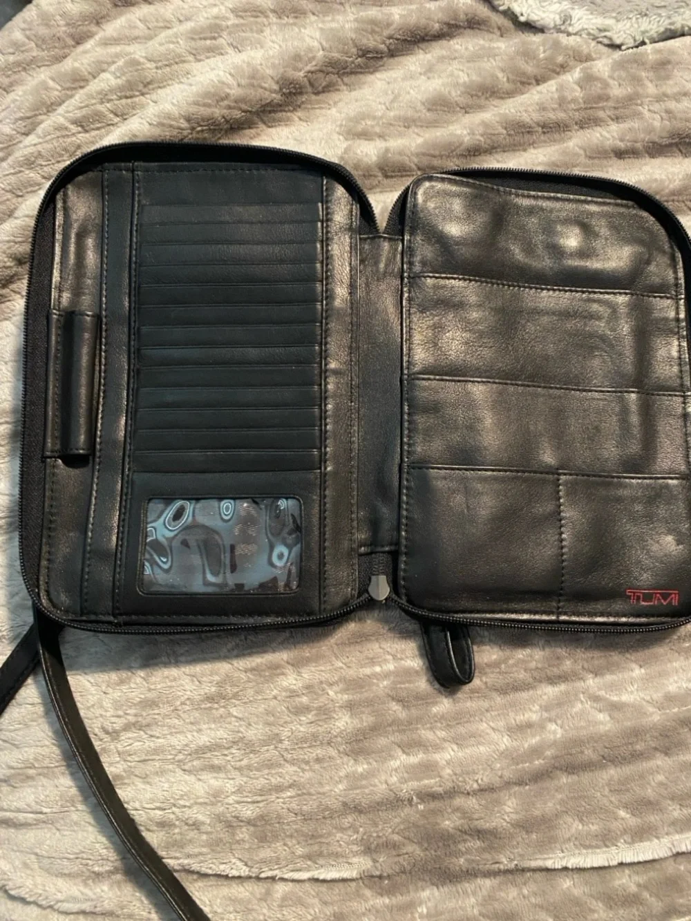 TUMI Black Leather Messenger Bag with Silver Hardware